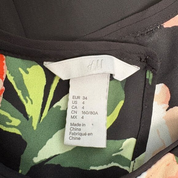 H and M Floral Sleeveless Blouse Womens Size 4 Open Back Detail Black Peach - Picture 3 of 6